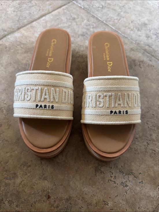 Dior Shoes - Dior Cream Canvas Slide Sandals with Tan Footbed